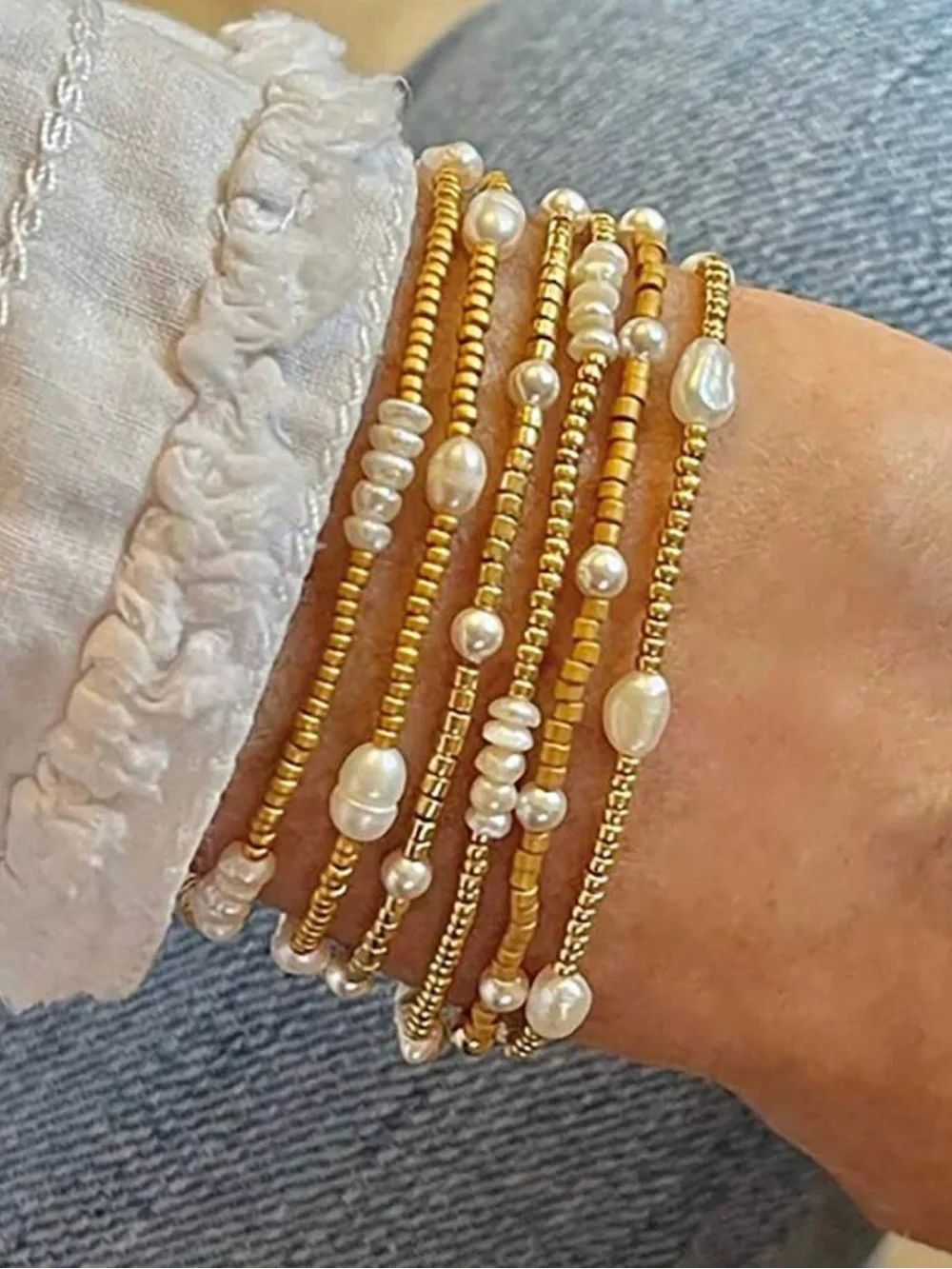 Gold Beaded Pearl Wrap Bracelet N1514